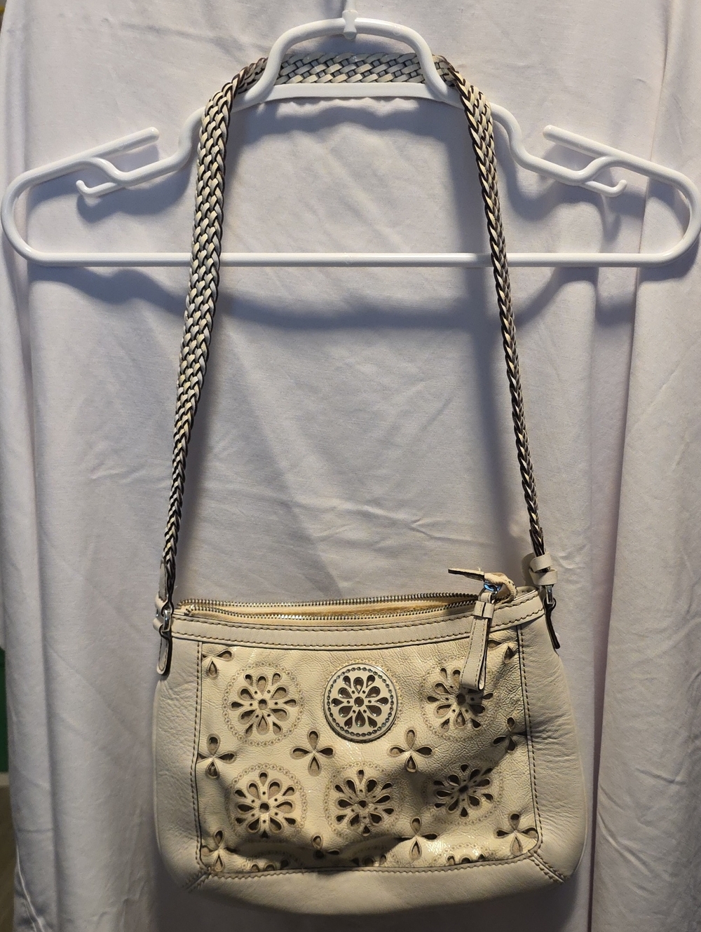 Brighton Ivory Leather Shoulder Bag with Braided Strap